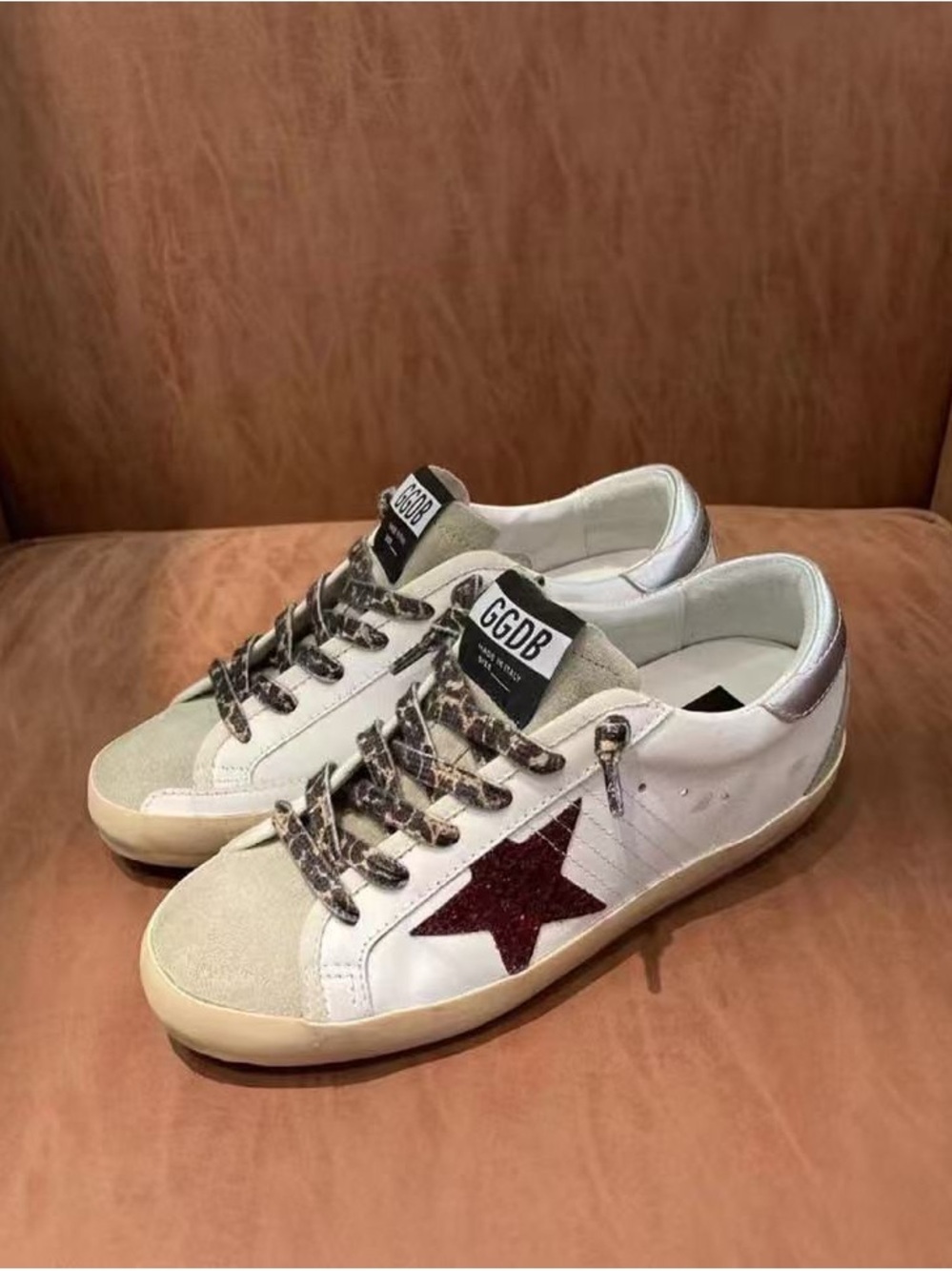 Golden Goose Women’s White Sneakers with Burgundy Star and Silver Heel
